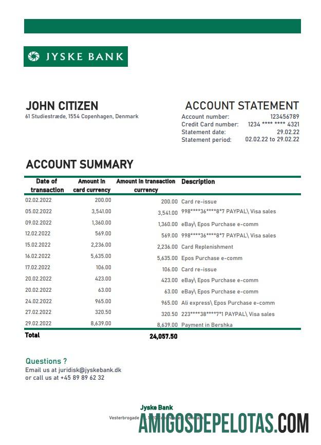 Exemplo de extrato bancário Jyske da Dinamarca Xls